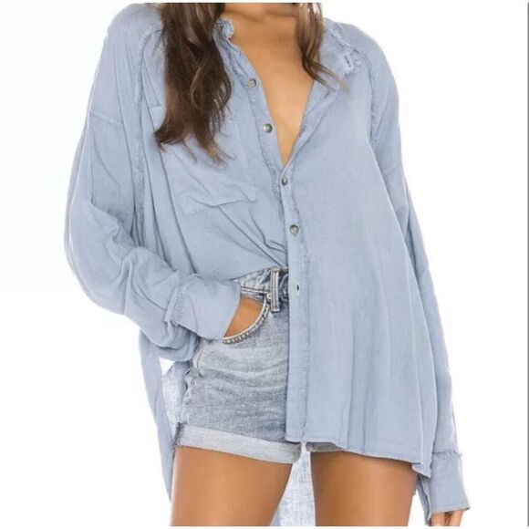 Free People We The Free Keep It Simple Blue Button Down Babydoll Style Shirt XS - Picture 1 of 11